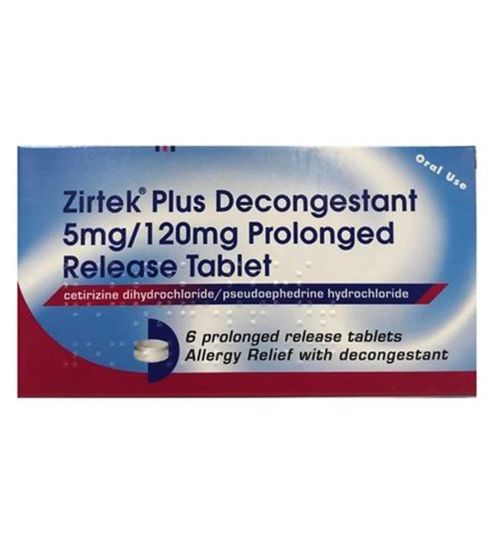 Zirtek plus decongestant 5mg/120mg 6 tablets
