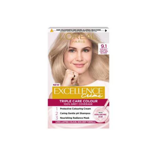 L’Oréal Paris Excellence Crème Permanent Hair Dye, Up to 100% Grey Hair Coverage, 9.1 Natural Light Ash Blonde