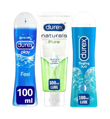 Durex Naturals Intimate Gel - 100ml;Durex Naturals Water Based Pure Lubricant Gel - 100 ml;Durex Play Feel Lubricant Gel - 100ml;Durex Play Water Based Feel Lubricant Gel - 100 ml;Durex Play Water Based Tingling Lubricant Gel - 100ml;Durex Tingling Pleasure Gel - 100ml;Durex Triple Lubes Bundle (3 x 100ml)