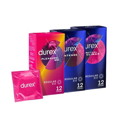 Durex Emoji Pleasure Me Condoms 12s;Durex Intense Condoms 12s;Durex Intense Ribbed & Dotted Condoms with Lubricant - 12 Pack;Durex Mutual Climax Condoms - 12 Pack;Durex Mutual Climax Condoms 12s;Durex Pleasure Me Condoms Bundle (3 x 12 Pack);Durex Pleasure Me Ribbed and Dotted Condoms - 12 Pack