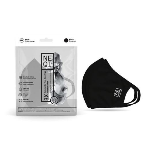 NEQI 3PLY Reusable Face Masks - 3 Pack (Adult M/L - Black)