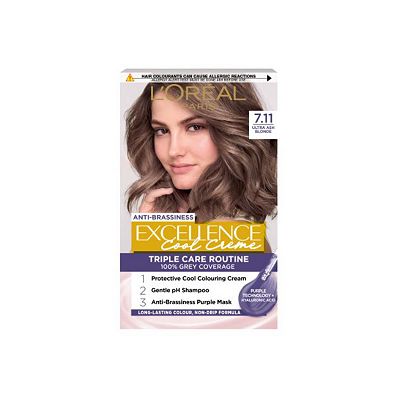 LOral Paris Excellence Cool Crme Permanent Hair Dye, Long-lasting Anti-Brassiness Colour, 7.11 Ultra