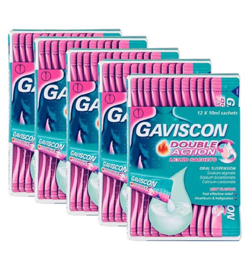 Gaviscon Bundle: 5 x 12 Gaviscon Double Action Liquid Oral Suspension 10ml Sachets;Gaviscon Double Action Heartburn & Indigestion Mint Sachets 12x10ml;Gaviscon Double Action Liquid Sachets 12x10ml