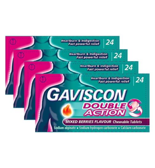 Gaviscon Bundle: 4 x 24 Gaviscon Double Action Mixed Berries Chewable Tablets;Gaviscon Double Action Heartburn & Indigestion Tablets Mixed Berries x24;Gaviscon Double Action Mixed Berries 24
