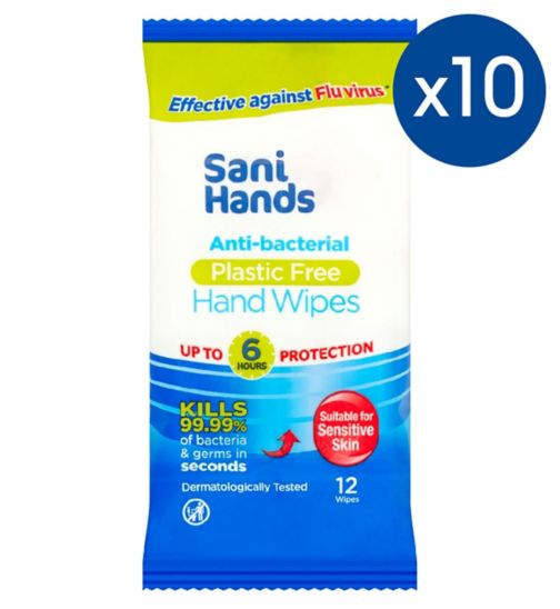 Pack of 10 SaniHands Antibacterial Hand Wipes 12 pack;Sani Hands Anti-Bacterial Plastic Free Hand Wipes 12 pack;Sani Hands Anti-Bacterial Plastic Free Hand Wipes 12 pack
