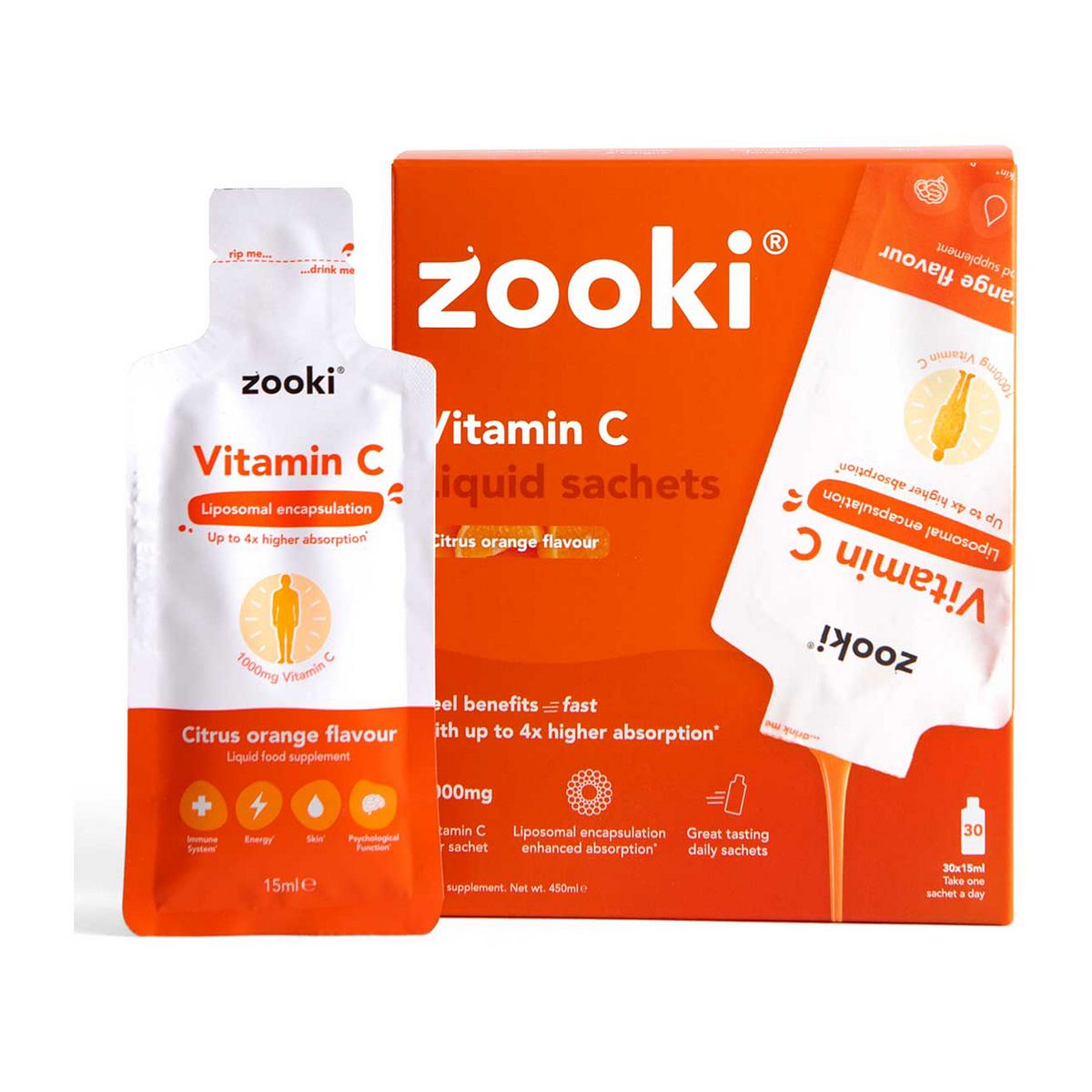 Zooki Liposomal Vitamin C 1,000Mg, Citrus Orange Flavour - 30X15ml Liquid Sachets, 1000Mg