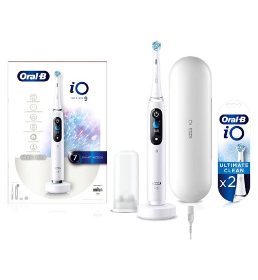Oral B iO Ultimate Clean Toothbrush Heads, Pack of 2 Counts;Oral B iO9™ Electric Toothbrush White Alabaster - Designed by Braun;Oral B iO9™️ White Alabaster Electric Toothbrush and 2 Replacement Toothbrush Heads;Oral B iO™ Ultimate Clean White Replacement Electric Toothbrush Heads 2 Pack;Oral-B iO - 9 - Electric Toothbrush White Designed By Braun