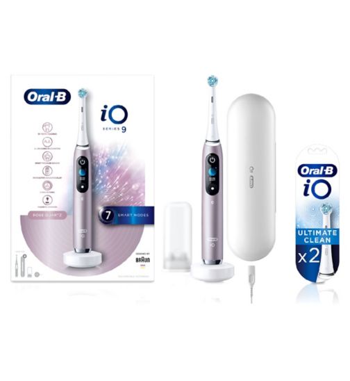 Oral B iO - 9 - Electric Toothbrush Rose Designed By Braun;Oral B iO Ultimate Clean Toothbrush Heads, Pack of 2 Counts;Oral B iO9™ Electric Toothbrush Rose Quartz - Designed by Braun;Oral B iO9™️ Rose Quartz Electric Toothbrush and 2 Replacement Toothbrush Heads;Oral B iO™ Ultimate Clean White Replacement Electric Toothbrush Heads 2 Pack