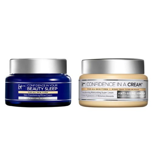 IT Cosmetics Confidence In a Cream Face Cream;IT Cosmetics Confidence In a Cream Hydrating Hyaluronic Acid Face Moisturiser with Ceramides 60ml;IT Cosmetics Confidence in Your Beauty Sleep Hyaluronic Acid Night Cream with Ceramides 60ml;IT Cosmetics Confidence in Your Beauty Sleep Hyaluronic Acid Night Cream with Ceramides 60ml;It Cosmetics Love Your Skin Day to Night Duo