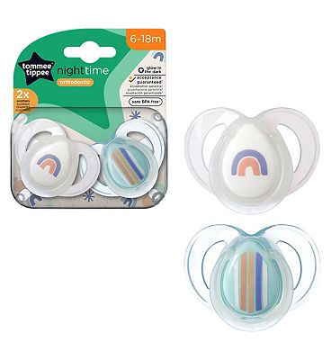 Tommee Tippee Night Time Soothers, BPA-Free Silicone Baglet, Inc Steriliser Box, 6-18m, Pack of 2 Du