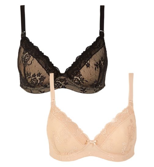 Black and Nude Lace Nursing T-Shirt Bras - 2 Pack