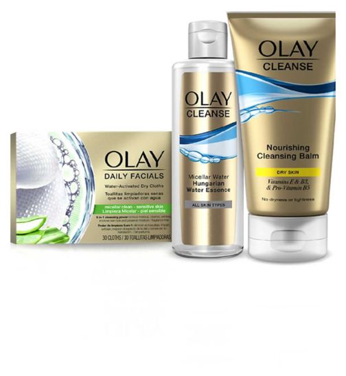 Olay Cleanse and Care Bundle;Olay Cleanse nourishing balm dry 150ml;Olay Cleanser, Micellar Water Cleanser With Hungarian Water Essence 237ml;Olay Cleanser, Nourishing Cleanser Balm, Dry Skin, 150ml;Olay Daily Facials Water-Activated Dry Cloths Face Wipes, Micellar Clean, Sensitive Skin, 30 Cloths;Olay Daily facial cloths sensitive 30sÂ ;Olay Sens Hungarian ess micellar 237ml