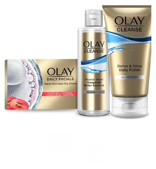 Olay Cleanse and Refresh Bundle;Olay Cleanser, Detox & Glow Daily Polish Cleanser 150ml;Olay Daily Facials Water Activated Dry Cloths Face Wipes Micellar 30 Cloths;Olay Daily facial cloths regular;Olay Detox & Glow daily polish 150ml;Olay Masks - Clay Stick Face Mask - Glow Boost - White Charcoal 48g;Olay clay mask glow boost stick grey 48g