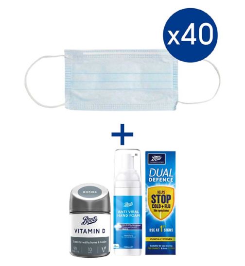 Boots Anti-Viral Hand Foam - 200ml;Boots Anti-Viral Hand Foam - 200ml;Boots Dual Defence Nasal Spray 20ml;Boots Dual Defence Nasal Spray 20ml;Boots Immunity and Protection Bundle;Boots Protective Type IIR Face Masks 10s;Boots Vitamin D 10 µg 90 tablets;Boots Vitamin D 10 µg 90 tablets (3 month supply);Boots face mask 10s