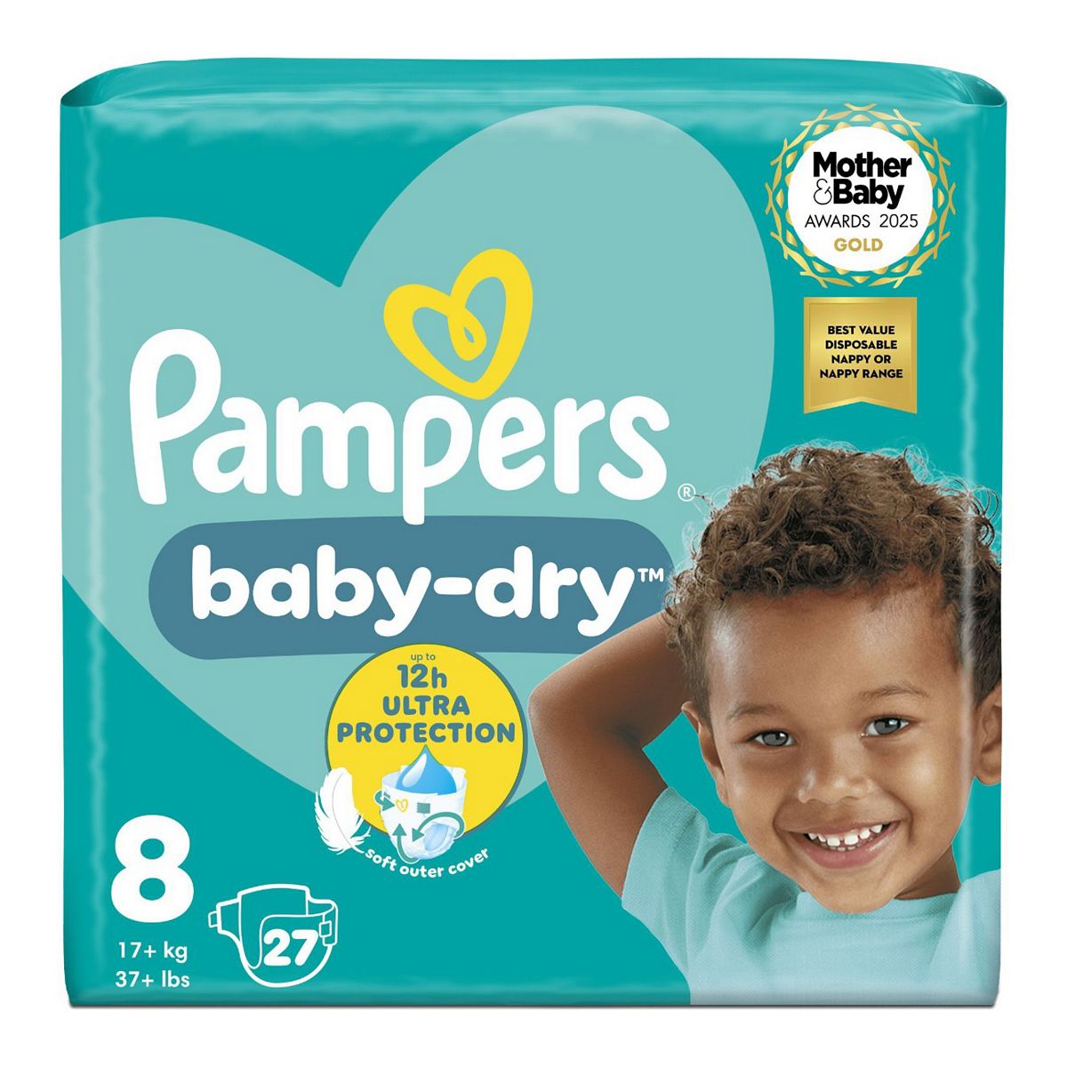 Pampers Baby-Dry Size 8, 27 Nappies, 17Kg+, Essential Pack