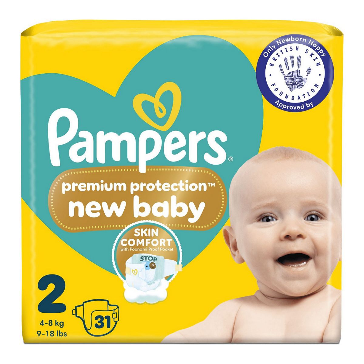 Pampers Premium Protection New Baby Size 2, 31 Nappies, 4Kg-8Kg, Carry Pack