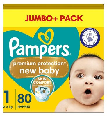 Pampers New Baby Size 1, 80 Nappies, 2kg-5kg, Jumbo+ Pack