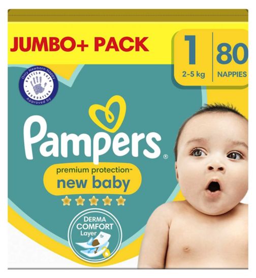 Pampers New Baby Size 1, 80 Newborn Nappies, 2kg-5kg, Jumbo+ Pack