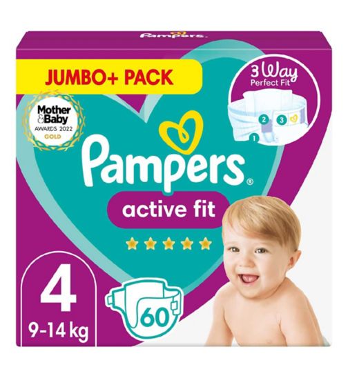 Pampers Active Fit Size 4, 60 Nappies, 9kg-14kg, Jumbo+ Pack