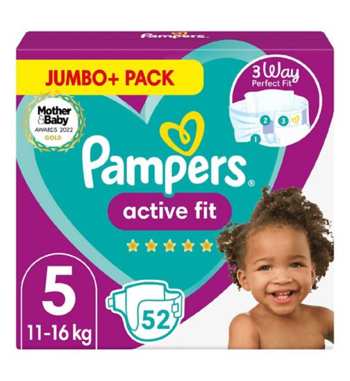 Pampers Active Fit Size 5, 52 Nappies, 11kg-16kg, Jumbo+ Pack