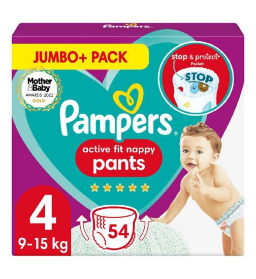 Pampers Active Fit Nappy Pants Size 4, 54 Nappies, 9kg-15kg, Jumbo+ Pack