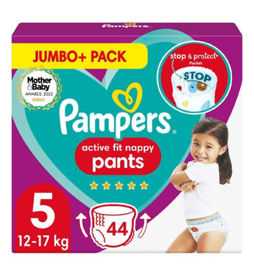 Pampers Active Fit Nappy Pants Size 5, 44 Nappies, 12kg-17kg, Jumbo+ Pack