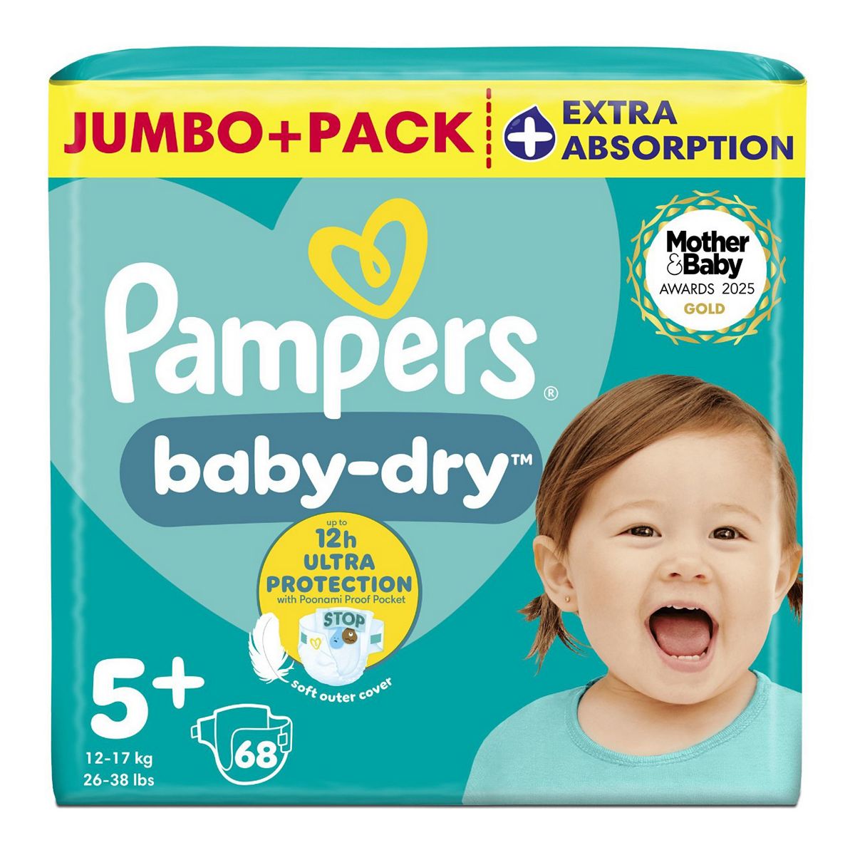 Pampers Baby-Dry Size 5+, 68 Nappies, 12Kg-17Kg, Jumbo+ Pack