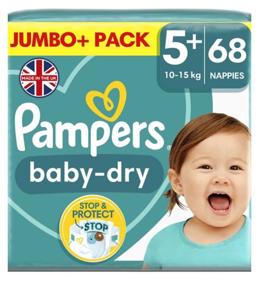 Pampers Baby-Dry Size 5+, 68 Nappies, 12kg-17kg, Jumbo+ Pack