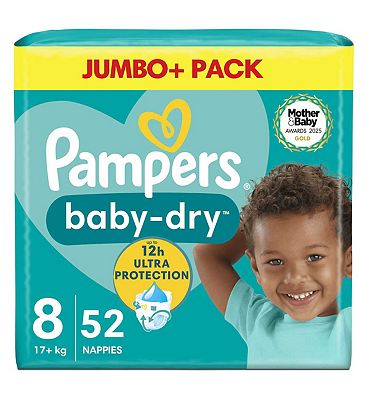 Pampers Baby-Dry Size 8, 52 Nappies, 17kg+, Jumbo+ Pack