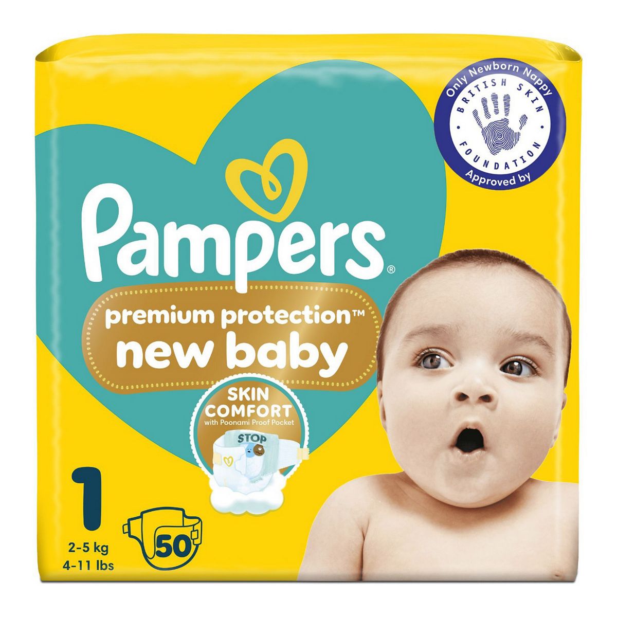 Pampers Premium Protection New Baby Size 1, 50 Nappies, 2Kg-5Kg, Essential Pack