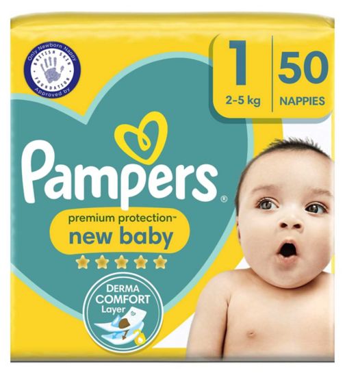 Pampers New Baby Size 1, 50 Newborn Nappies, 2kg-5kg, Essential Pack