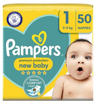 Pampers New Baby Size 1, 50 Newborn Nappies, 2kg-5kg, Essential Pack