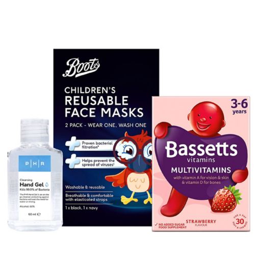 Bassetts Strawberry Flavour Multivitamins 3-6 Years - 30 Pack;Bassetts Strawberry MultiVitamins 3-6 Years 30s;Boots Childrens Reusable Face Masks - 2 Pack;Boots Childrens Reusable Face Masks - 2 Pack;Childrens Immunity and Protection Bundle (3-6 Years);PHR Hand Gel 60ml;PHR Hand Gel 60ml