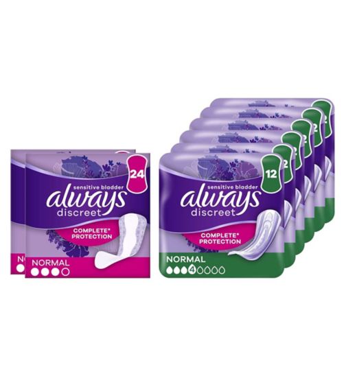 Always Discreet Incontinence Bundle 72 Normal PADS + 48 Normal LINERS;Always Discreet Incontinence Liners Normal 24, For Sensitive Bladder;Always Discreet Incontinence Pads Normal For Sensitive Bladder x 12;Always Discreet Normal Liners 24s;Always Discreet Normal Pads 12s