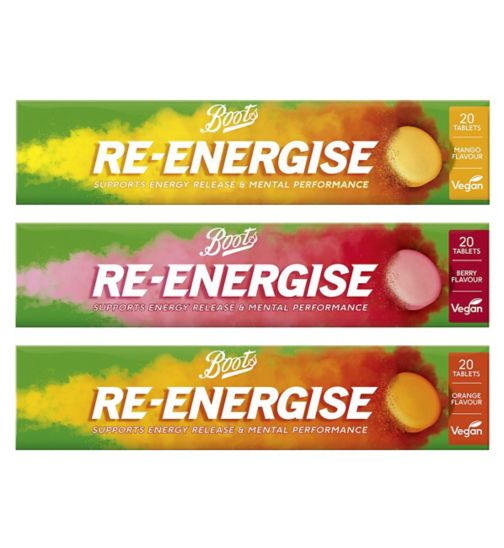 Boote Re-Energise Tablets Bundle x 3;Boots Re-Energise Berry 20 Effervescent Tablets;Boots Re-Energise Mango 20 Effervescent Tablets;Boots Re-Energise Orange 20 Effervescent Tablets;Boots Re-Energise Tablets Berry 20s;Boots Re-Energise Tablets Mango 20s;Boots Re-Energise Tablets Orange 20s