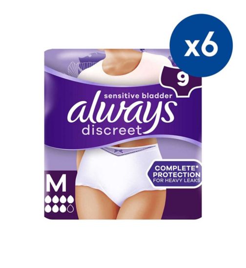 Always Discreet Underwear Incontinence Pants Women Plus M X9;Always Discreet Underwear Women Plus Medium 9s;Always Discreet for Sensitive Bladder Pants Plus (6 Drop) Medium - 54 Pants (6 pack bundle)
