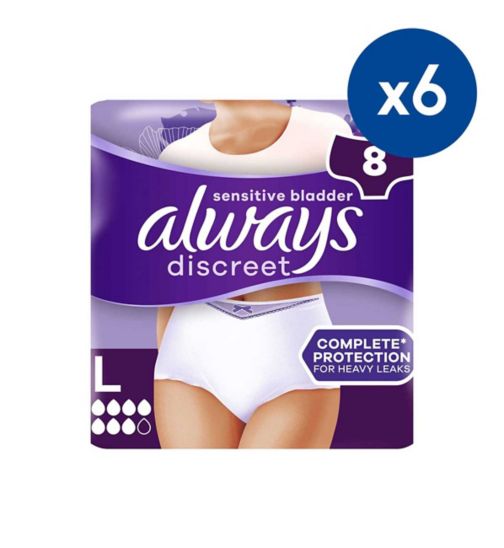 Always Discreet Underwear Incontinence Pants Women Plus L X8;Always Discreet Underwear Women Plus Large 8s;Always Discreet for Sensitive Bladder Pants Plus (6 Drop) Large - 48 Pants (6 pack bundle)