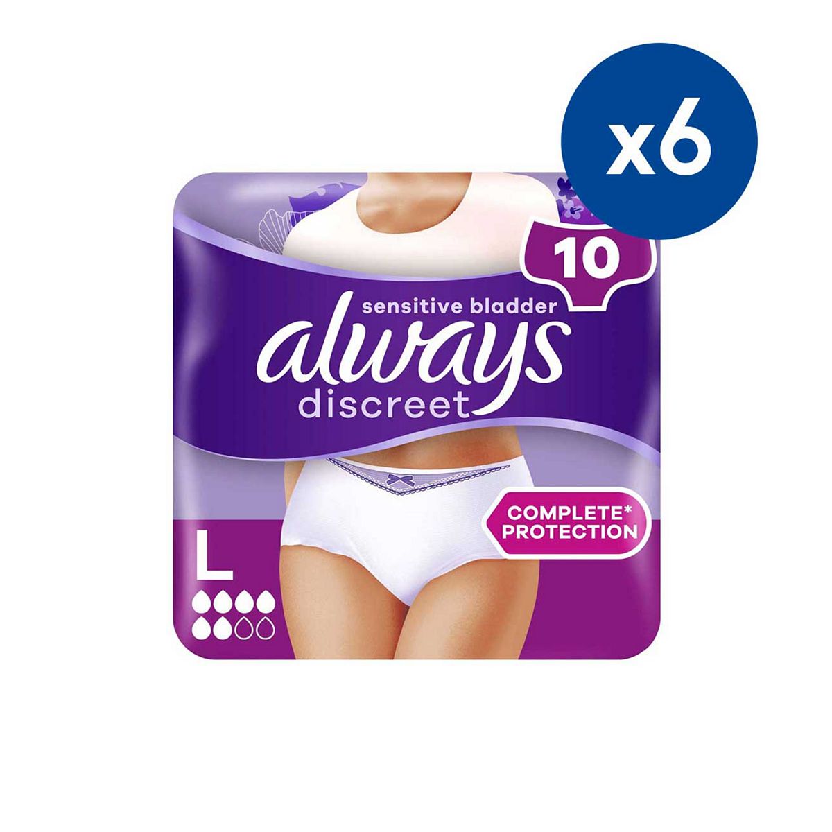 Always Discreet For Sensitive Bladder Pants (5 Drop) Large - 60 (6 Pack Bundle)