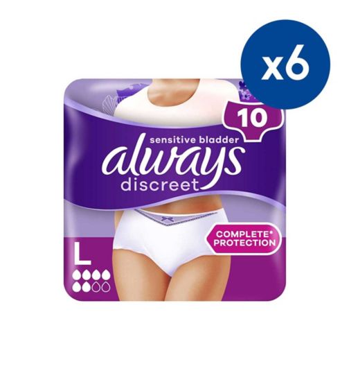 Always Discreet Underwear Incontinence Pants Normal Large 10;Always Discreet for Sensitive Bladder Pants (5 Drop) Large - 60 Pants (6 pack bundle);Always Discreet heavy pants large 10s