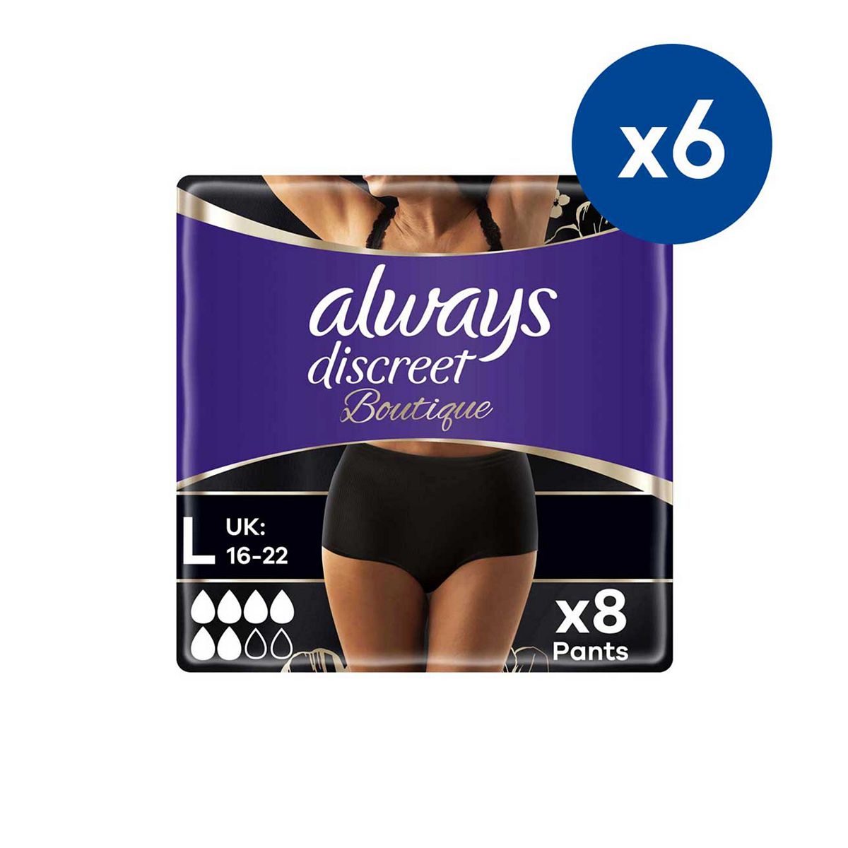 Always Discreet Boutique Underwear Incontinence Pants Plus Large Black - 48 (6 Pack Bundle)