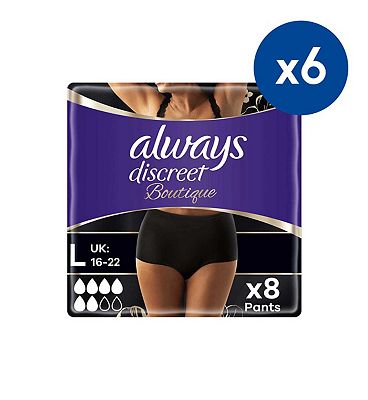 Always Discreet Boutique Underwear Incontinence Pants Plus Large Black - 48 Pants (6 pack bundle)