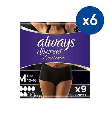 Always Discreet Boutique Underwear Incontinence Pants Plus Medium Black - 54 Pants (6 pack bundle)