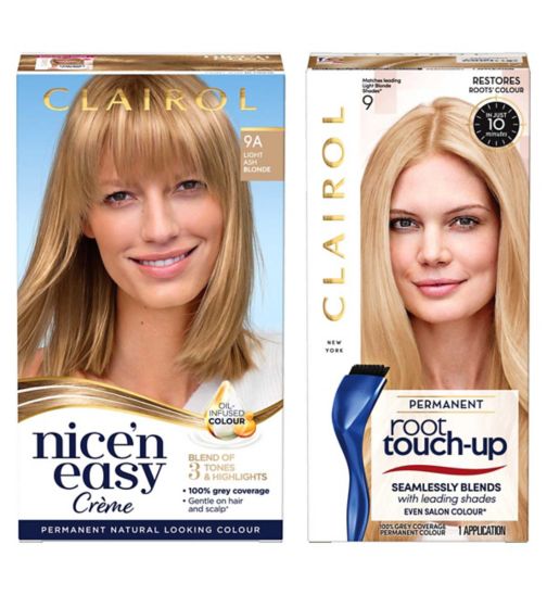 Clairol Nice n Easy 9A Light Ash Blonde 177ml;Clairol Nice n Easy Permanent Hair Dye & Root Touch-Up Bundle 9a Light Blonde;Clairol Nice'n Easy Crème Oil Infused Permanent Hair Dye 9A Light Ash Blonde 177ml;Clairol Root Touch-Up 9 Light Blonde 30ml;Clairol Root Touch-Up Permanent Hair Dye 9 Light Blonde 30ml