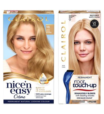 Clairol Nice n Easy 9B Light Beige Blonde 177ml;Clairol Nice n Easy Permanent Hair Dye & Root Touch-Up Bundle 9b Light Beige Blonde;Clairol Nice'n Easy Crème Oil Infused Permanent Hair Dye 9B Light Beige Blonde 177ml;Clairol Root Touch-Up 9 Light Blonde 30ml;Clairol Root Touch-Up Permanent Hair Dye 9 Light Blonde 30ml
