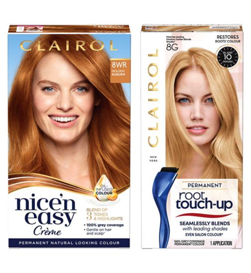 Clairol Nice n Easy Permanent Hair Dye & Root Touch-Up Bundle 8wr Extra Golden Auburn;Clairol Nice' N Easy Crème 8WR Golden Auburn;Clairol Nice'n Easy Crème Oil Infused Permanent Hair Dye 8WR Golden Auburn 177ml;Clairol Root Touch-Up 8g Golden 30ml;Clairol Root Touch-Up Permanent Hair Dye 8G Golden 30ml