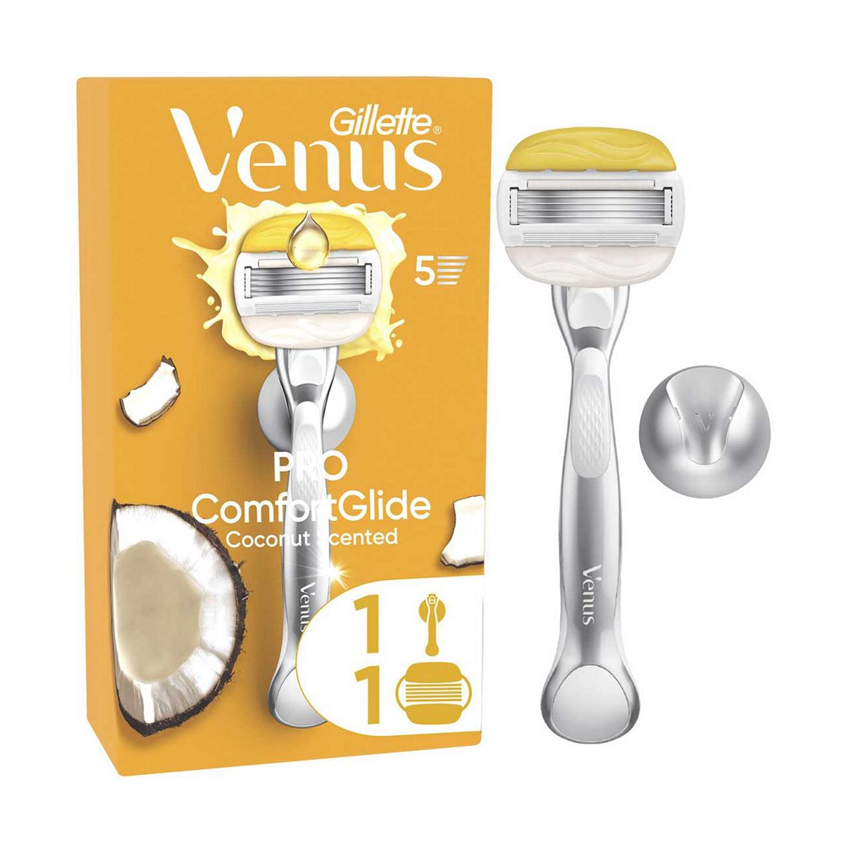 Gillette Venus Razor, Pro Comfortglide Coconut Scented With Olay 5 Blade Women's Razor + Shower Hook