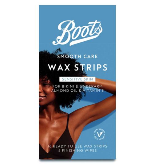 Boots Smooth Care Wax Strips Sensitive Bikini & Underarm 16pk + Perfect Finishing Wipes 4pk