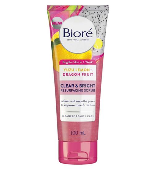 Bioré Clear & Bright Yuzu Lemon and Dragon Fruit Resurfacing Scrub Exfoliator 100ml for Dull Uneven Skin