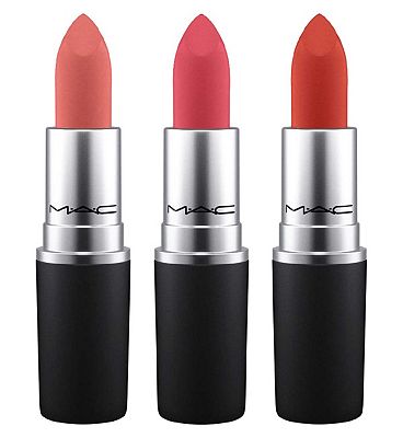 Click to view product details and reviews for Mac Powder Kiss Lipstick X3 Brights.