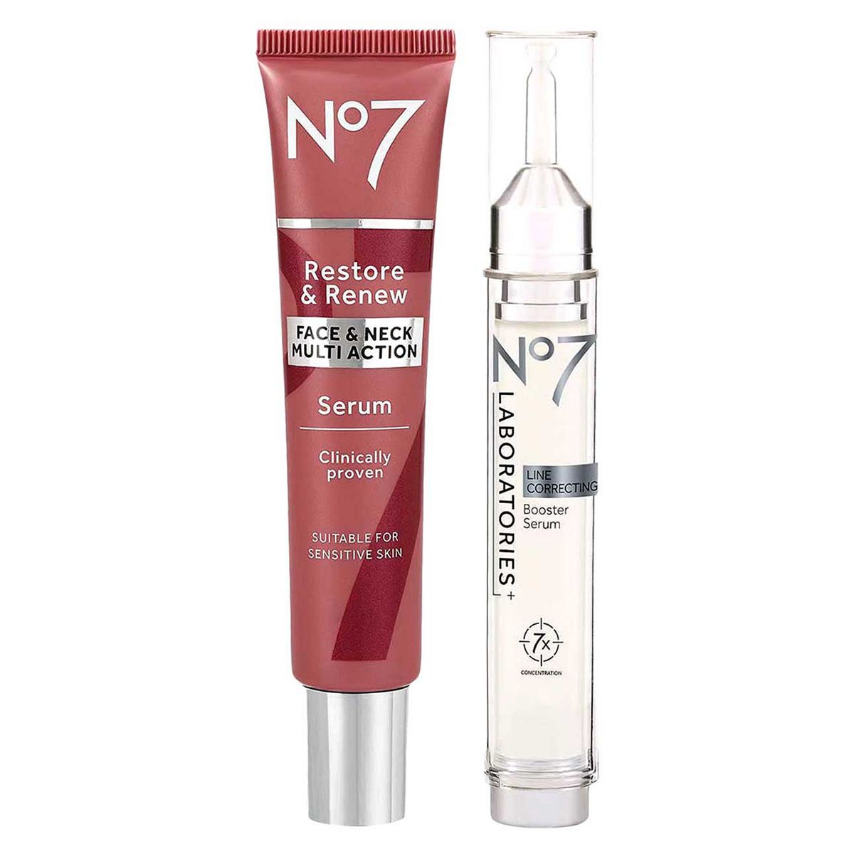 No7 Laboratories Line Correcting Booster Serum & Restore Renew Face Neck Multi Action 30Ml Bundle